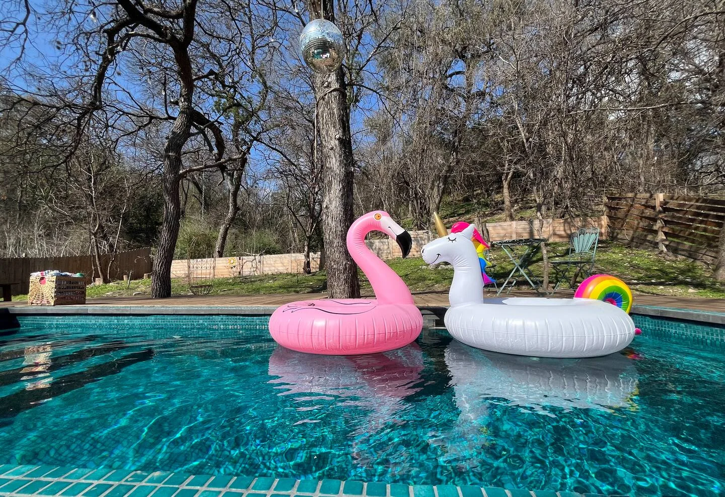 Backyard swimming pool with pink flamingo and unicorn floats — Oak Springs, Austin, Texas